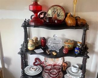 US Glass King's Crown - Ruby Sauce Dishes, Johnson Brothers - His Majesty Dinner Plate, Large Stovetop Salt and Pepper Shakers with matching Sugar Bowl