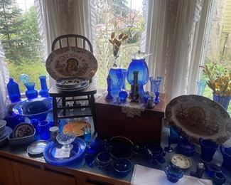 Cobalt Blue Dinnerware and Vases, 2 Vintage Turkey Platters Made in Japan