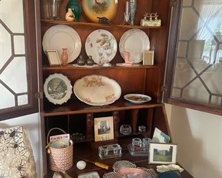 Secretary Hutch and Desk, Glass Doors, Assortment Fine China, Children's Wooden Shoe Forms, Antique Eyeglasses