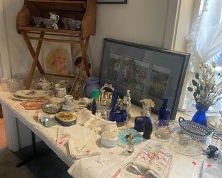 Antique Roll Top Side Table, Vintage Pink Depression Glass Divided Dish, Embroidered Napkins and Dish Towels, Assortment of Fine China