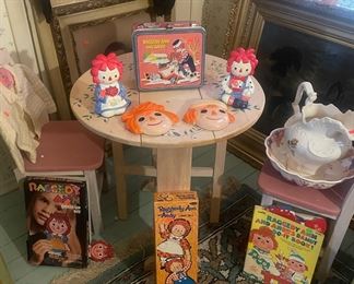 Vintage 1973 Raggedy Ann and Andy Lunchbox, Handmade Victorian Clothing, Children's Tea Party Table and Chairs, 1968 Whitman Raggedy Ann and Andy Paper Dolls, Raggedy Ann and Andy's Dandy Do-It Activity/Coloring Book, 1967 Vintage Raggedy Ann Colorform  Dress Up Kit, Vintage Raggedy Ann and Andy Wall Plaques