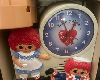 Vintage 1974 Raggedy Ann and Andy Talking Alarm, Wind Up Clock