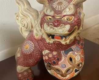 Guardian Lion Foo Dog Statue, Japanese Kutani Gold and Red
