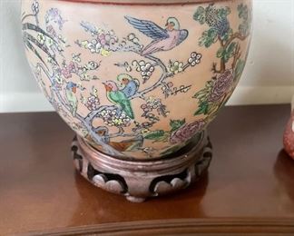Vintage Botanical Birds Asian CachePot with Stand