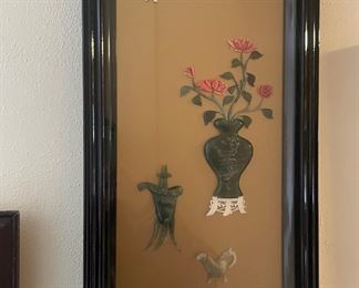 Vintage Asian Wall Panel, Blooming Flowers, Incased in Shadow Box