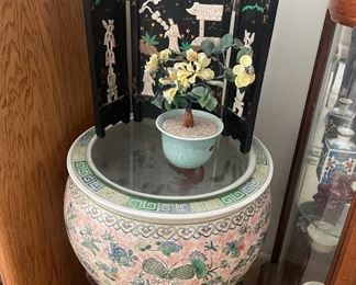 Butterflies and Floral, Asian Koi Fish Cachepot on Stand, Chinoiserie Jade Tree, Carved Glass Flowers