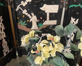 Chinoiserie Jade Tree, Carved Glass Flowers, Foldable Panel Asian Artwork
