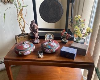 Lucky Bamboo, Black Gong, Vintage Jade Tree- Carved Glass Flowers, Asian Enamled Box