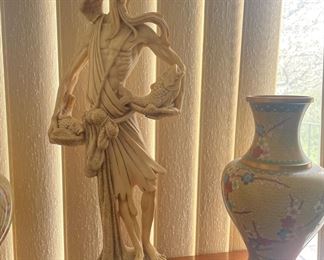 Cloisonne Asian Floral Design Vase, Vintage Resin  Asian Fisherman Statue
