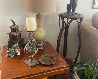 Beautiful Cream Colored Table Lamp, Tabletop Pagoda with Stand, Mid Century Modern Side Table, Wooden Plant Stand, Pair of Majolica Style Foo Dogs