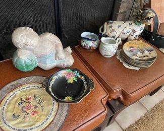 Chinese Pillow Baby Pottery, Asian Round Embroidered Mat, Set of 6 Mid Century Vintage Japanese Gold Plated Mt Fuji Plates, Brown Lounge Stools