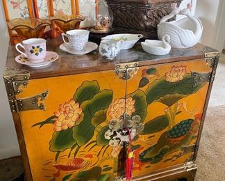 Oriental Lacquered Cabinet, Vintage Radfords Teacup and Saucer, Vintage Pink Hand Painted Teacup and Saucer - Made in Japan, 2 Matching Amber Candy Dishes, Ceramic Swan Dish, Asian Folding 4 panel artwork