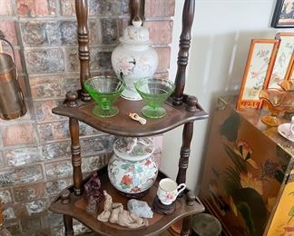 Set of 2 Anchor Hocking Green Depression Glass- Green Vaseline Glass- Sherbet Glasses, Antique Four Tier Shelf, Asian Porcelain Jar with Lid, Asian Porcelain Vase with Lid