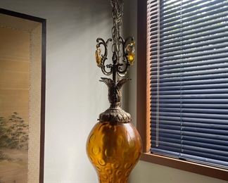 Mid Century Modern Amber Bauble Glass Hanging Lamp