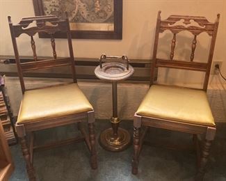 Antique Brass Standing Ashtray, Antique Pair of Ornately Carved Chairs, Framed Gold Foil Wall Map