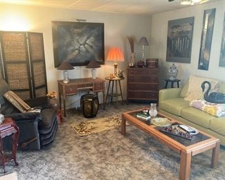 Bamboo 4 Panel Room Divider- Folding Screen, Vintage Mid Century Modern Desk, Glass Top Oak Coffee Table, Assortment of Table Lamps