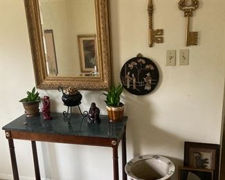 Two Tier Marble Top Console Table, Golden Ornate Wood Framed Mirror, Vintage Asian Mother of Pearl Round Wall Hanging, Porcelain Asian Cachepot with Stand
