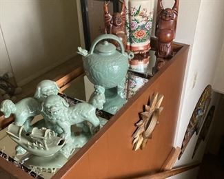 Vintage Celadon Green Glazed Porcelain Dragon Teapot, Pair of Celadon Green Glazed Porcelain Foo Dogs, Celadon Green Glazed Porcelain Inkstand Dropper