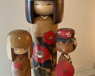 3 Wooden Kokeshi Kimono Dolls