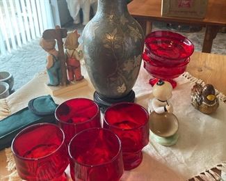 Cloisonné Vase, Set of 4 Ruby Red Thumbprint Tumblers, Set of 2 Ruby Red Ice Cream Dish