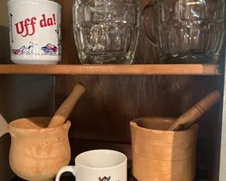 2 Wood Mortar and Pestles, Pair of Glass Steins