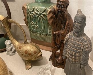 Vintage Ceramic Elephant Vase, Terracotta Chinese Warrior Small Statue, Vintage Wood Asian Man Small Statue, Cloisonné Fish Shaped Vase