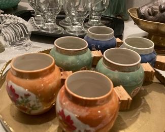 Asian Pottery Mugs, Brass Tray
