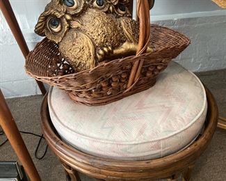 Vintage Rattan Stool with Cushion, Owl Decor