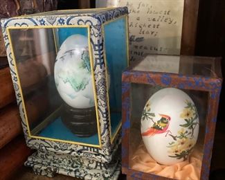 Two Asian Landscape Painted Eggs with Case