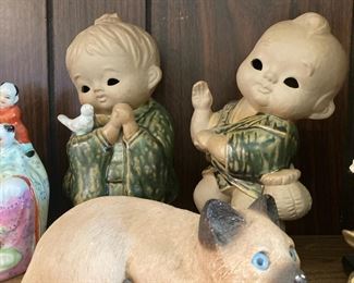 Pair of Terracotta Japanese Children Sculptures, Sandcast Siamese Cat Sculpture