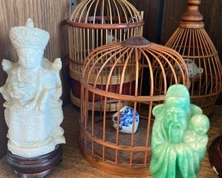 Three Decorative Bamboo Birdcages, Jade God Fukurokuju Figurine