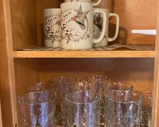 Set of 4 Otagiri Hand Painted Hummingbird Mugs, Set of 8 Bubble Glass Tumblers