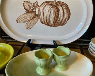 Stoneware Platter with Pumpkin Design, Two Green Ceramic Egg Cups