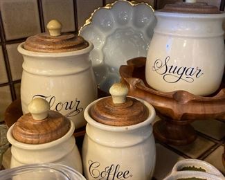 Sugar, Flour, Coffee Canisters with Wooden Lids