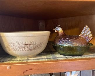 Vintage Pyrex Mixing Bowl - Forest Fancies, Carnival Glass Hen on Nest 