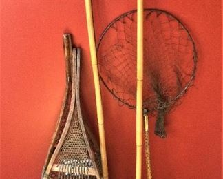 Vintage Wood and Leather Snowshoes Vintage Bamboo Ski Poles Vintage Trout Fishing Net with Metal Frame and Bamboo Handle