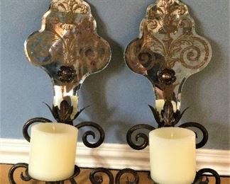 Pair of Candle Wall Sconces With Aged Mirror Detail