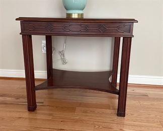 Double Gourd Ceramic Light Blue/Green Table Lamp, Chippendale Mahogany End Table