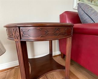 Mahogany Round End Table with Gothic Motif