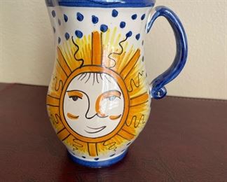Ceramic Pitcher with Sun Design and Blue Accents