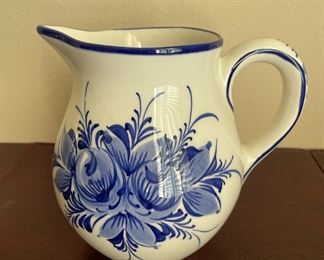 White and Blue Floral Design Porcelain Pitcher, Made in Portugal
