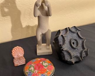 Cycladic Art Idol, 2500-1100 B.C. Handmade of Stone, Cloisonné Trinket Box, Vintage Wooden Stamp