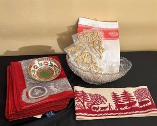 Red Beatville Placemats with Cherubs, Made in France, Crystal Bowl, Farm Scene Centerpiece Linen