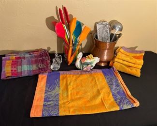 Colorful Silicone Kitchen Utensils, Spatula, Serving Spoons, Tongs, Copper Utensil Holder, Colorful Table Linens