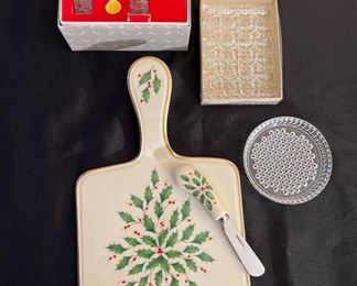 Lenox -Holiday Cheese/Spread Plate with Knife,1960's West German Crystal Napkin Rings