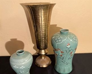 Brass Vase, 2 Korean Celadon Vases