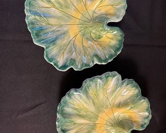 2 Hand Painted Cabbage Leaf Snack Plates, Made in Italy - 8039