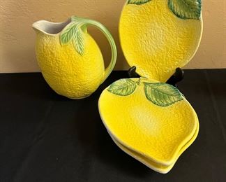 Hand Painted Lemon Pitcher, Three Hand Painted Lemon Plates, Made in Italy - 10095 G/9870