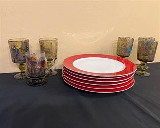 Set of Six -10 Strawberry Street White with Red Rim Charger Plates, Set of 5 Antique German Glass Goblets Featuring Spanish/French Cavalry, Western Germany Oktoberfest Beer Mug