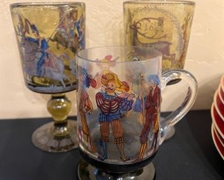 Set of 5 Antique German Glass Goblets Featuring Spanish/French Cavalry, Western Germany Oktoberfest Beer Mug